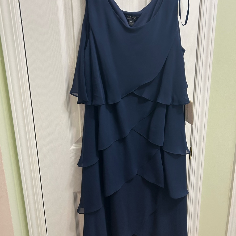 SLNY Women's Navy TULIP layered formal  Dress